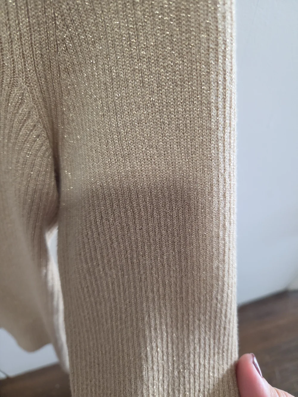 Michael Kors Gold-Trim Beige Ribbed Knit Top